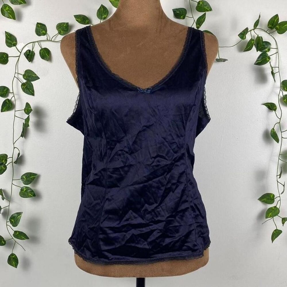 Vintage black v-neck lace trim cami slip top nylon mini bow goth glam office